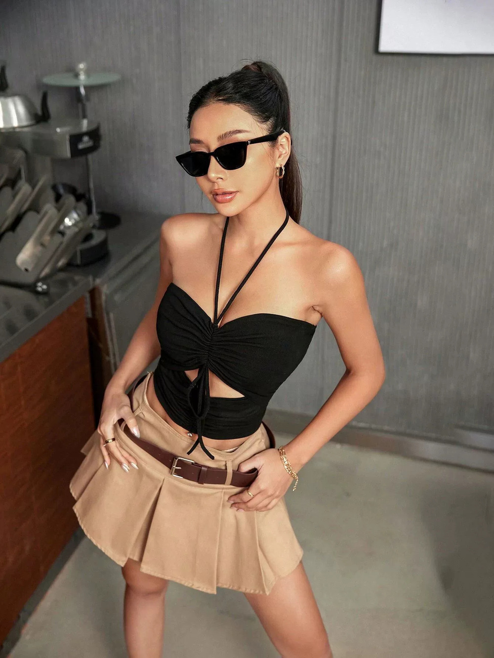 ZARA Summer Solid Color Tie Front Backless Crop Tank Top Slim Fit
